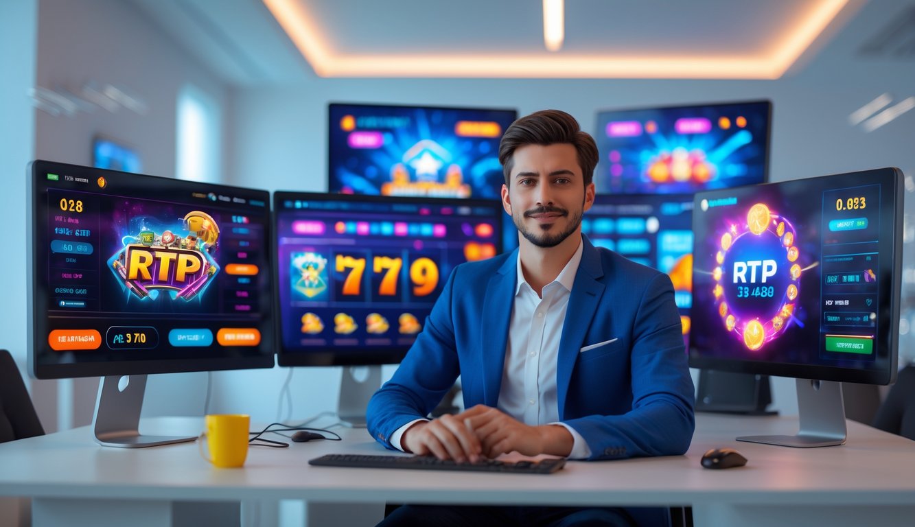 Seorang dewasa muda duduk di depan beberapa monitor komputer yang menampilkan permainan slot online dengan grafik dan statistik RTP tinggi di ruang kantor modern.