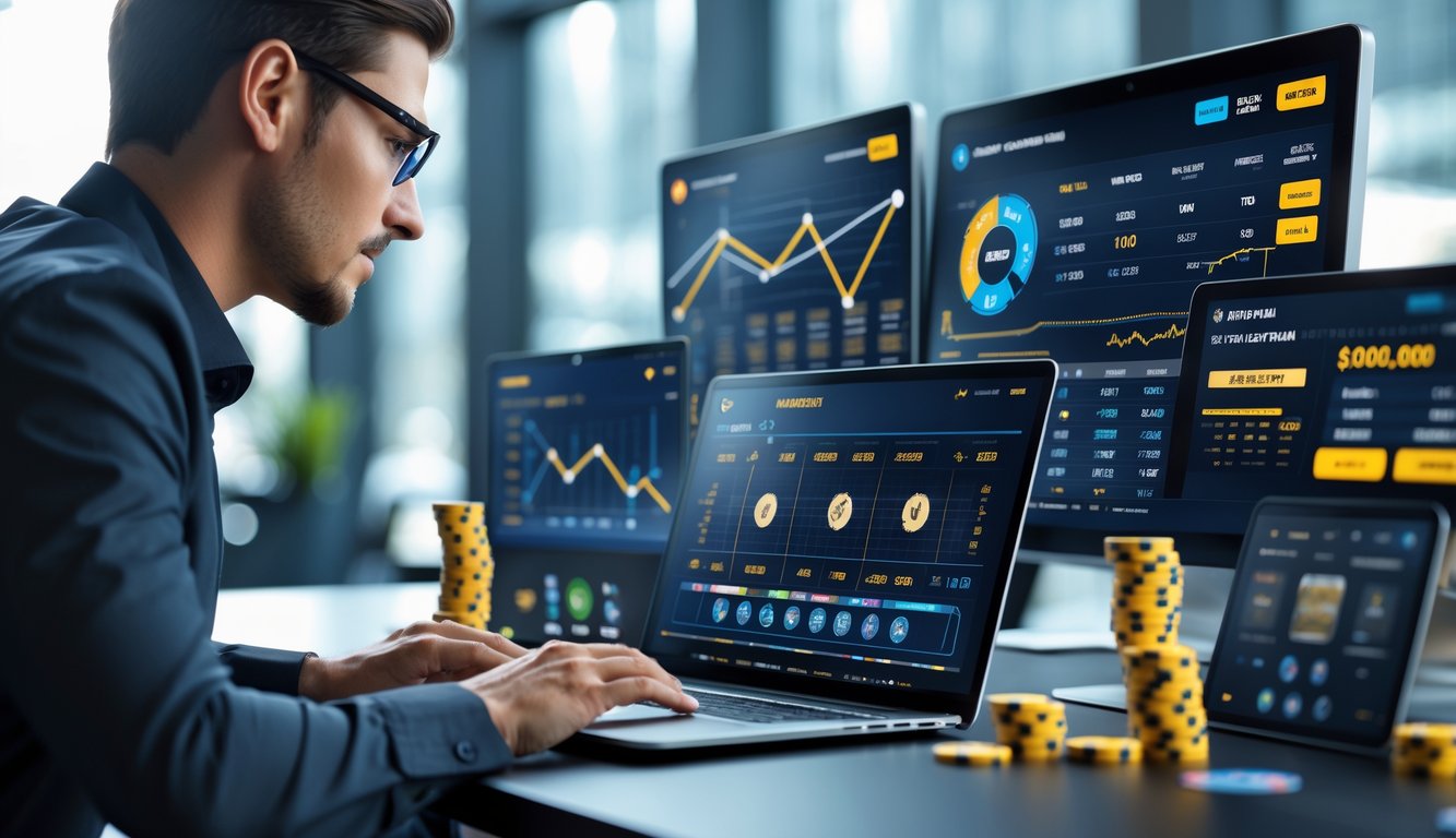 Seorang agen judi online sedang bekerja dengan laptop dan beberapa layar digital yang menampilkan grafik dan permainan slot di sebuah kantor modern.