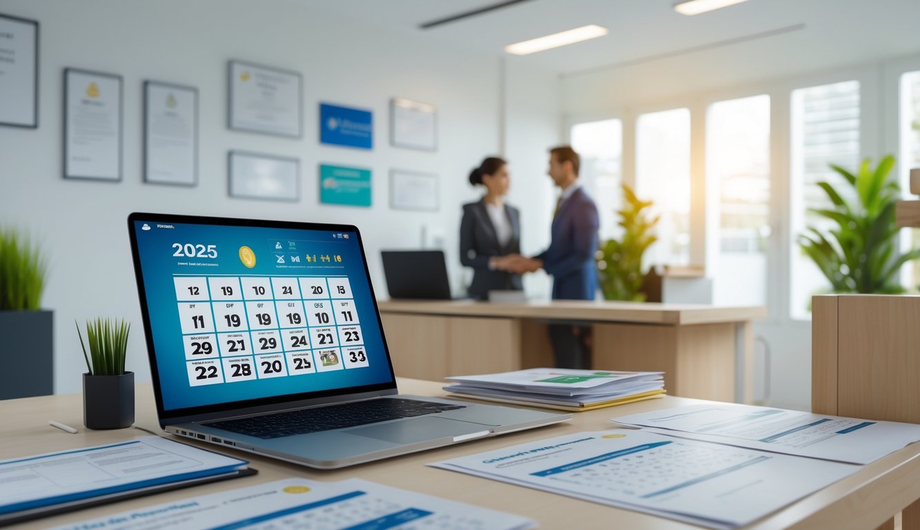 Sebuah kantor agen togel yang modern dan terpercaya dengan meja rapi, laptop menampilkan angka togel, kalender tahun 2025, dan agen yang ramah berinteraksi dengan klien.