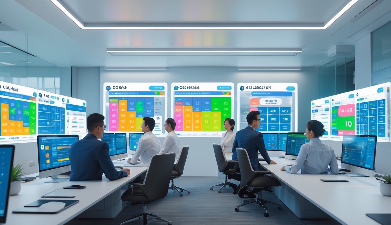 Kantor agen togel modern dengan beberapa orang yang sedang bekerja di depan komputer, menampilkan suasana profesional dan teknologi canggih.