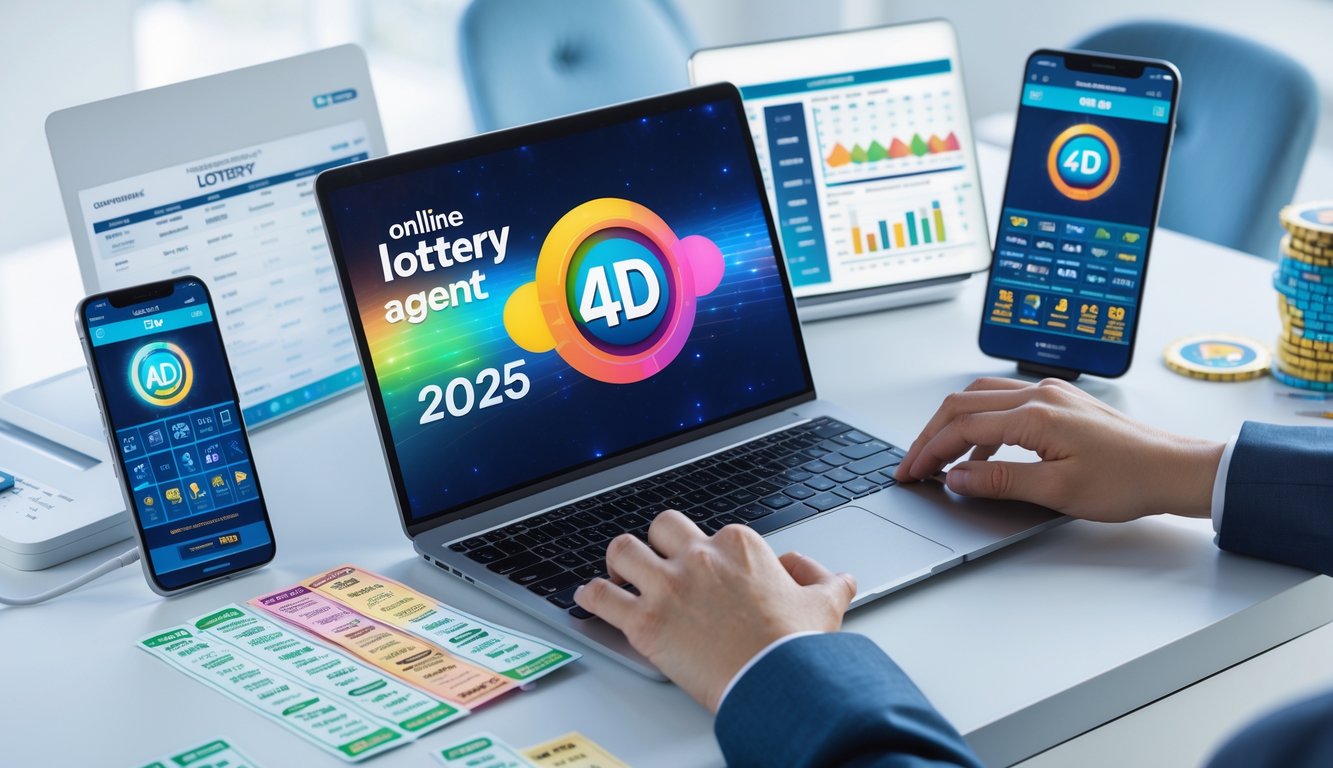 Seorang profesional menggunakan laptop dan ponsel untuk mengakses layanan agen togel 4D secara online di ruang kerja modern.