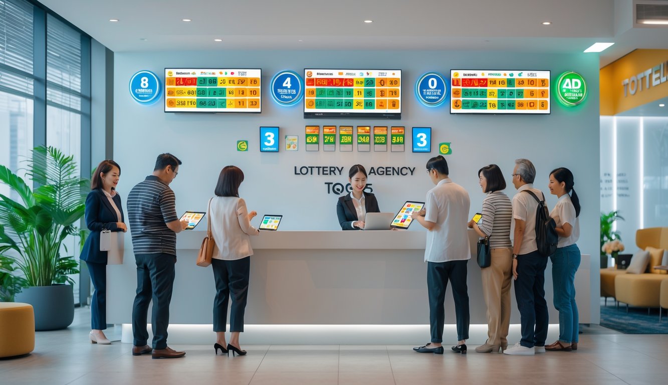 Suasana kantor agen togel dengan pelanggan yang sedang memilih nomor lotre dan petugas yang membantu di dalam ruangan yang rapi dan terang.