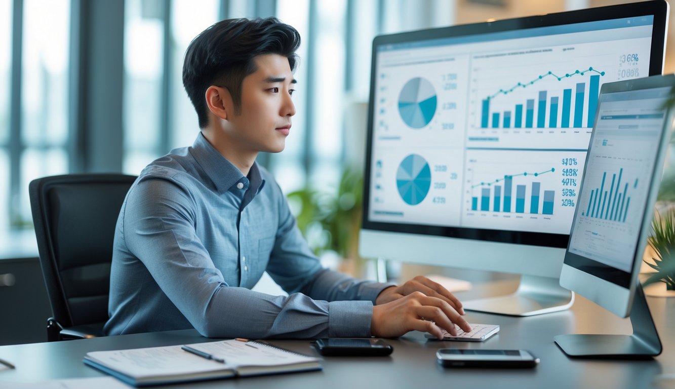 Seorang pria muda duduk di meja kerja modern, fokus melihat layar komputer dengan grafik dan angka, di ruangan kantor yang terang dan rapi.