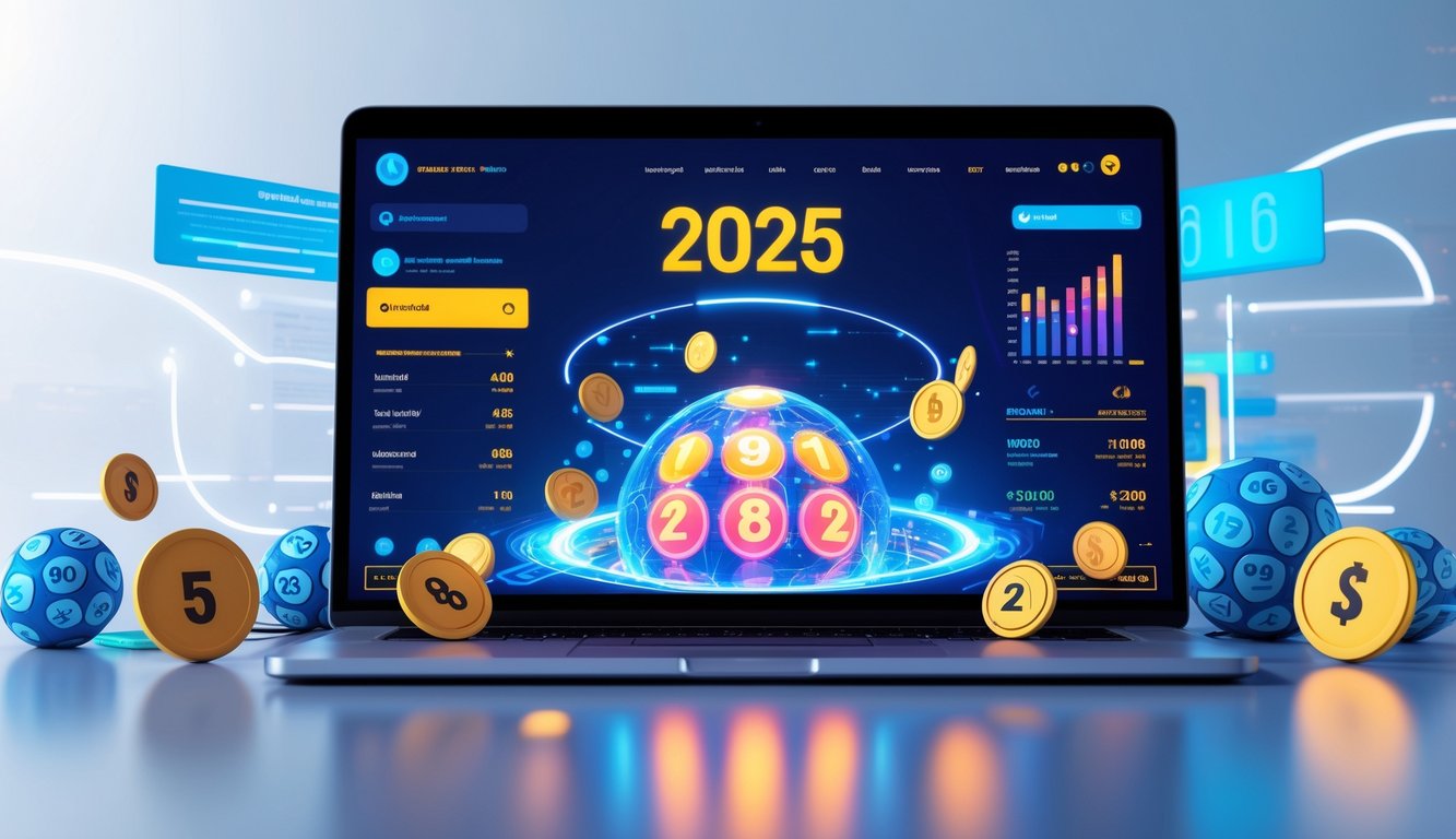 Seseorang menggunakan perangkat digital dengan tampilan angka dan elemen permainan lotre online di latar belakang modern.