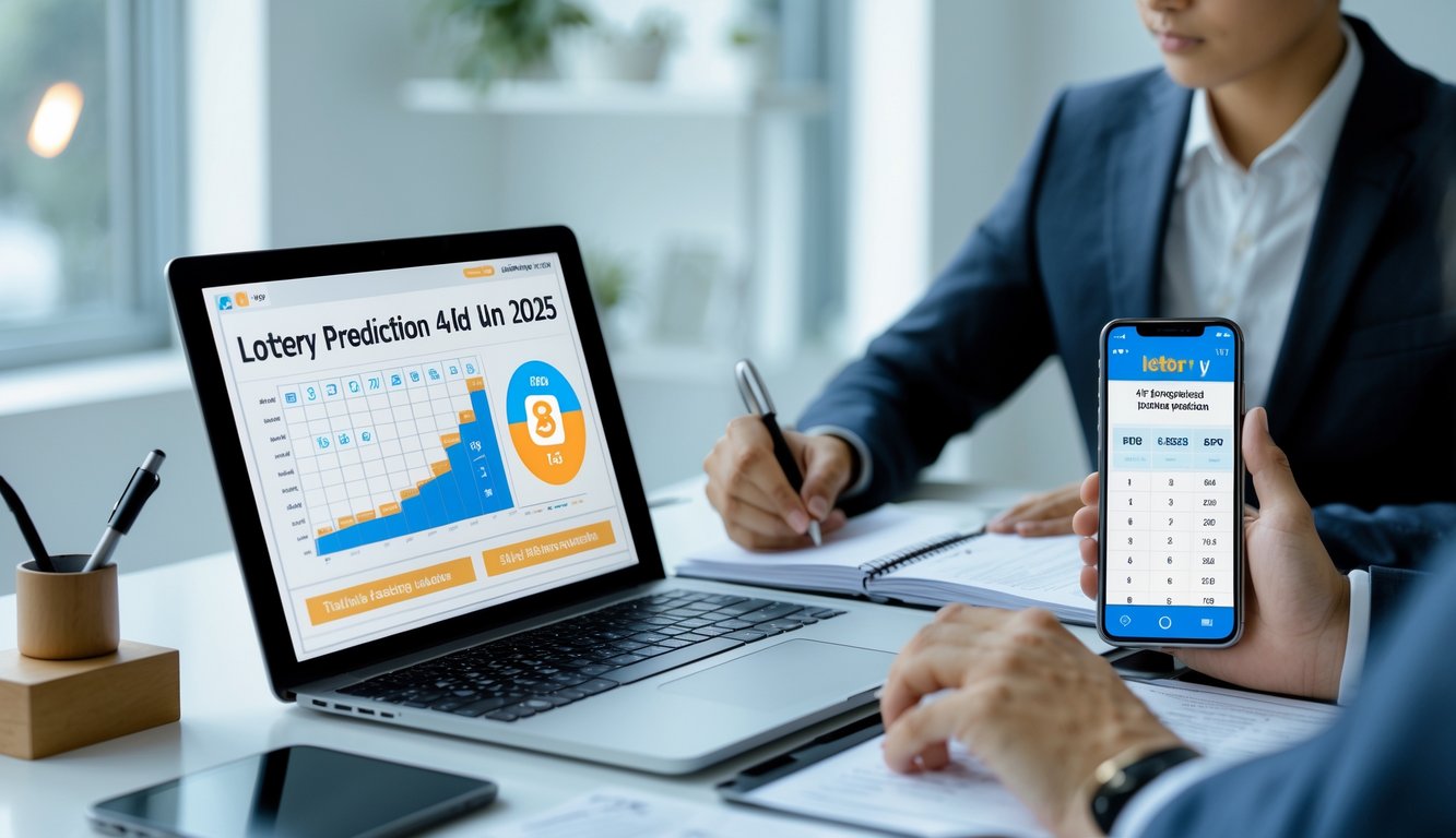 Meja kantor dengan laptop, buku catatan, dan ponsel yang menampilkan analisis angka togel 4D tahun 2025.
