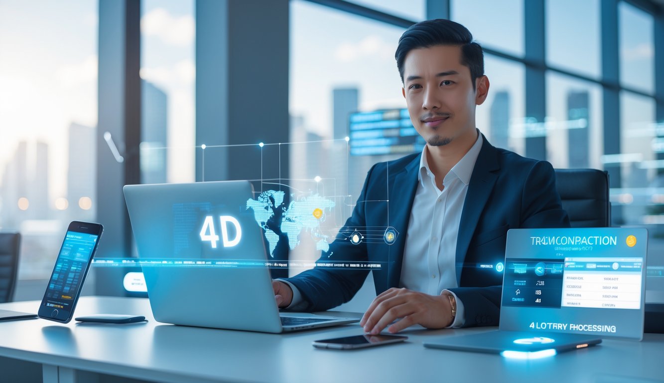 Seorang profesional di kantor modern menggunakan laptop dan ponsel untuk memproses pembayaran dengan cepat.