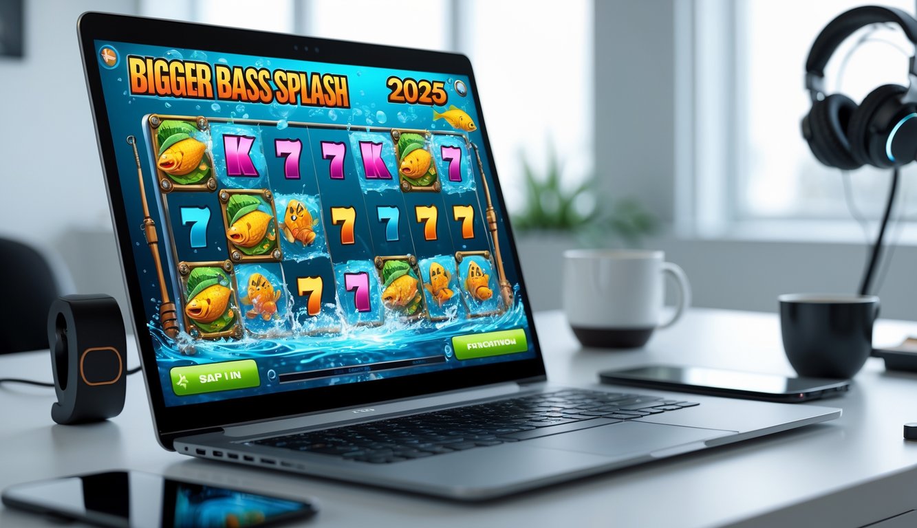 Layar komputer menampilkan permainan slot bertema ikan dengan elemen air dan alat pancing di meja kerja yang rapi.