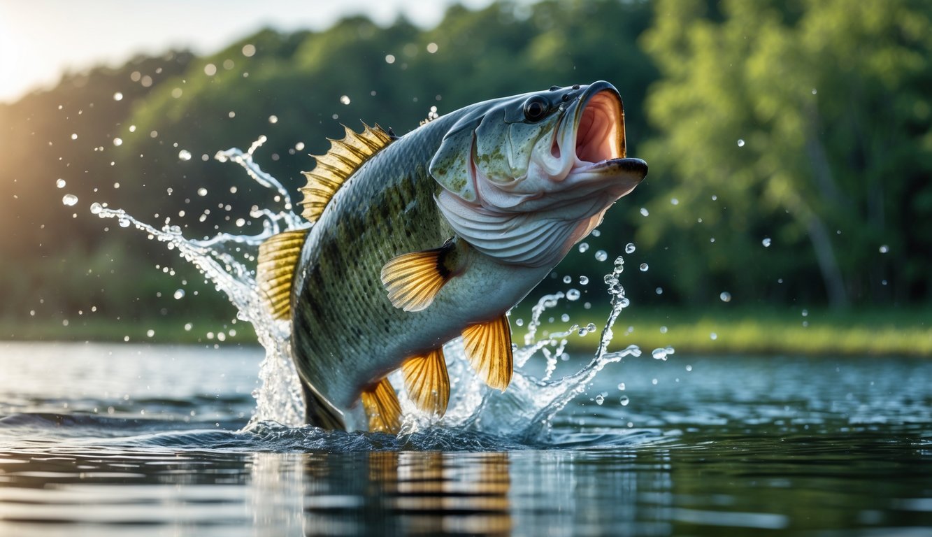 Ikan bass besar melompat keluar dari air dengan cipratan besar di danau yang tenang pada pagi hari.