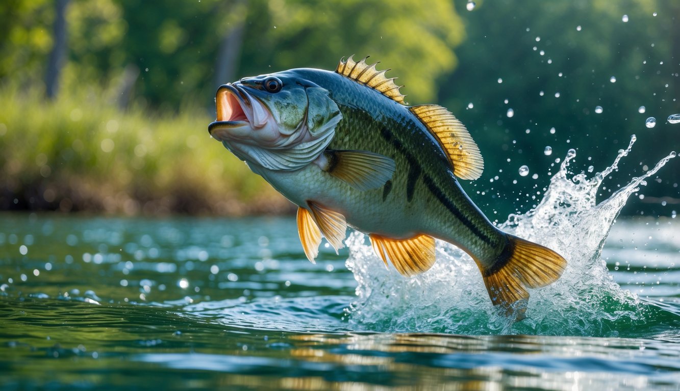 Seekor ikan bass besar melompat keluar dari air di danau dengan cipratan air yang terlihat jelas.