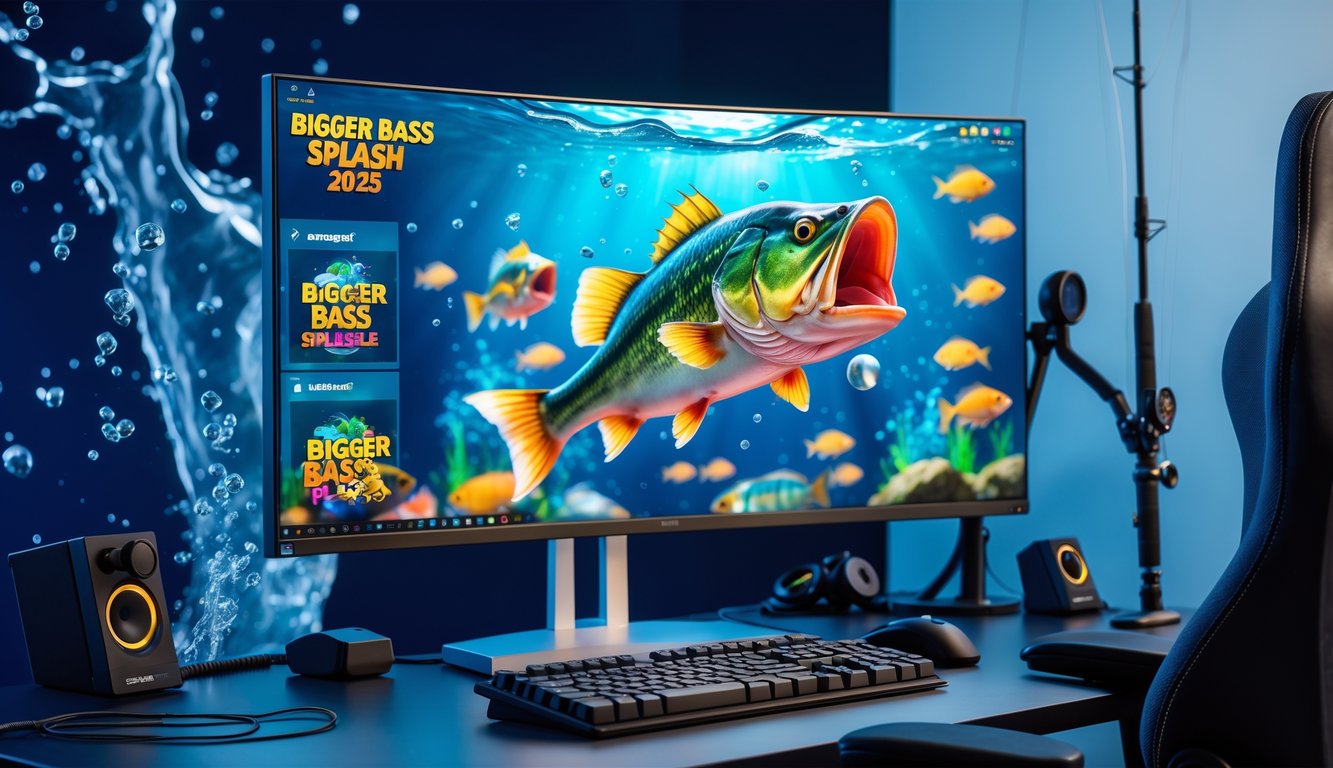 Sebuah meja kerja modern dengan komputer menampilkan permainan slot bertema memancing bass di bawah air.