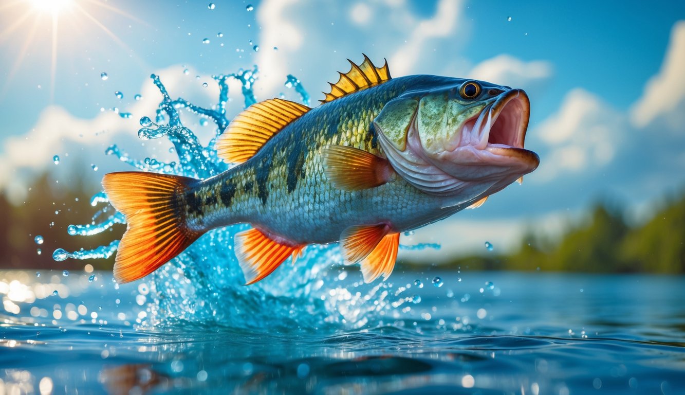 Ikan bass besar melompat keluar dari air dengan cipratan besar di bawah langit cerah.