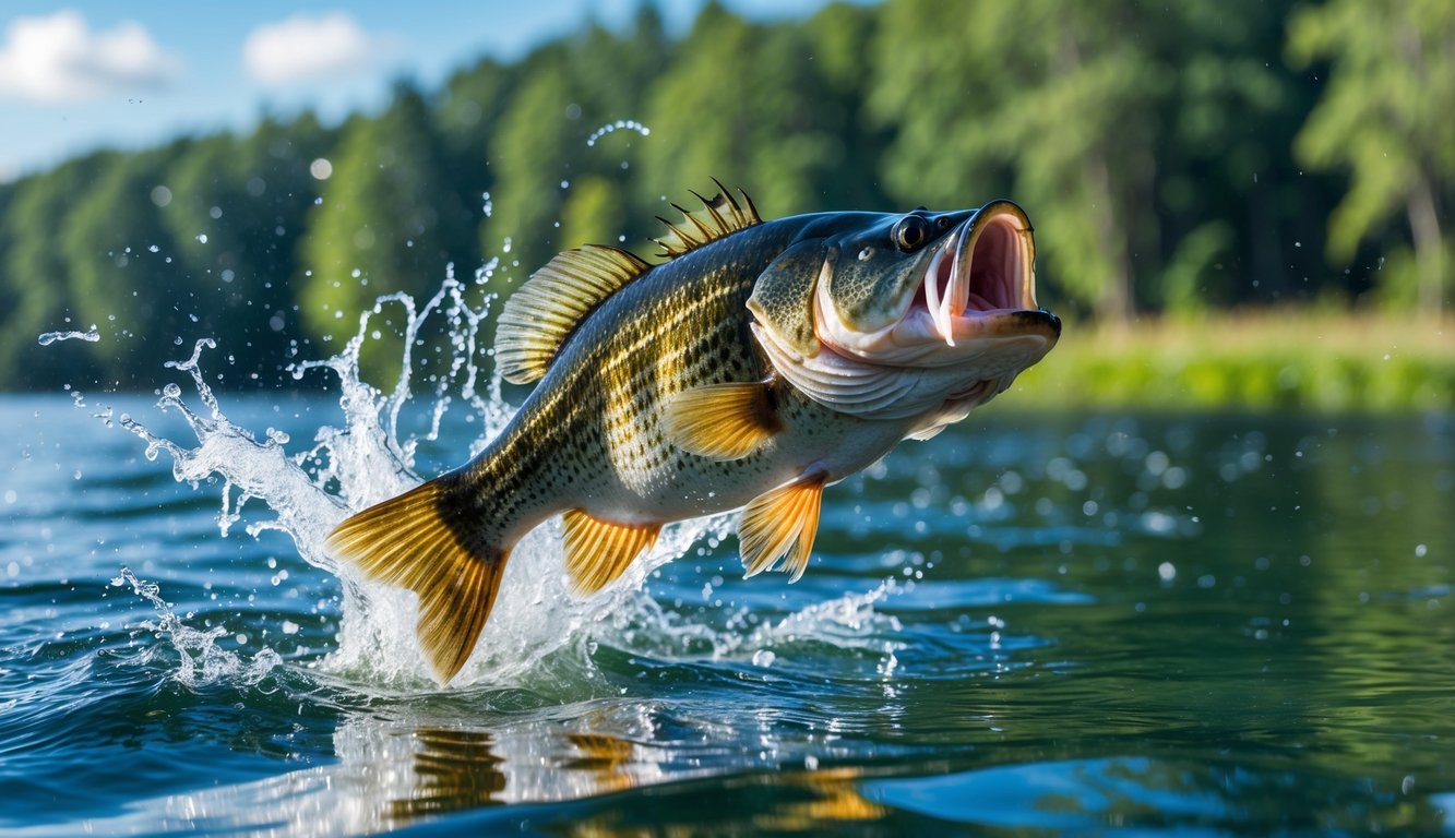 Ikan bass besar melompat keluar dari air dan menciptakan cipratan besar di danau dengan latar pepohonan hijau.