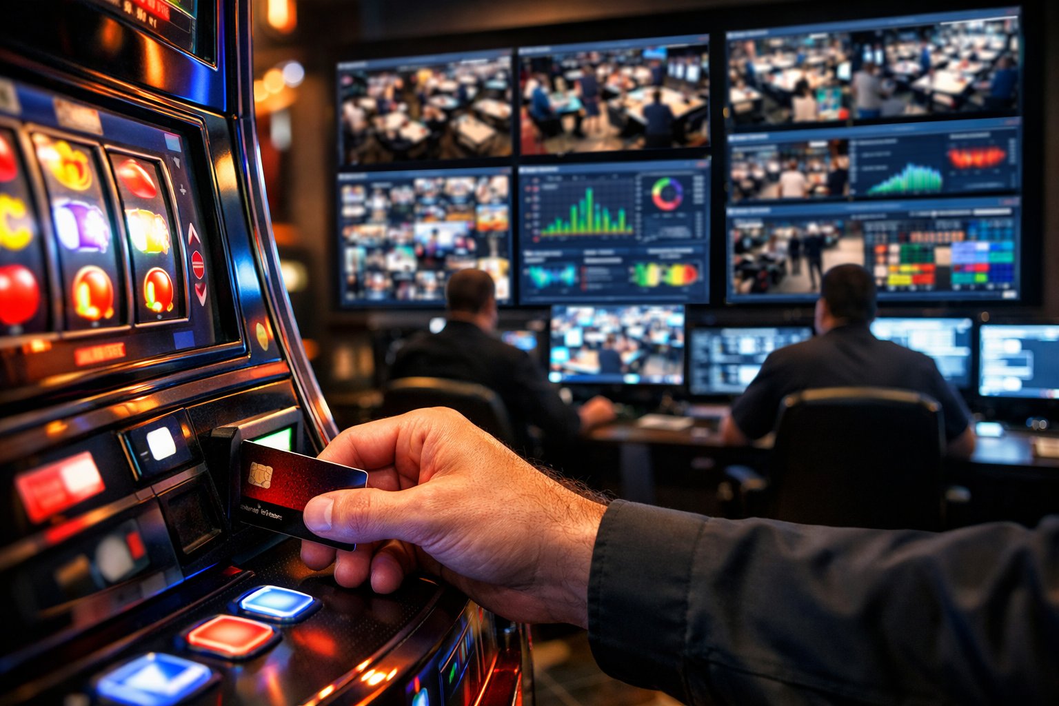 A person holding a casino loyalty card near a slot machine with monitors showing data and surveillance in the background.