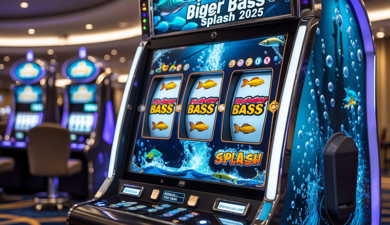 Mesin slot kecil dengan tema ikan bass dan cipratan air di dalam ruangan kasino.
