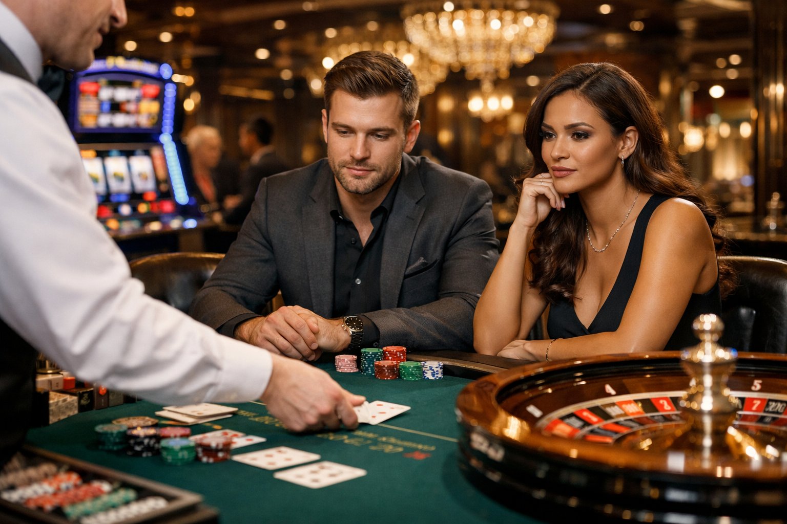 A group of people playing casino games including blackjack and roulette in an elegant casino setting.