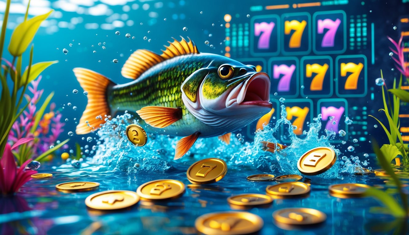 Ikan bass besar sedang melompat di air dengan koin emas dan simbol mesin slot di sekitar dalam suasana bawah air yang berwarna-warni.