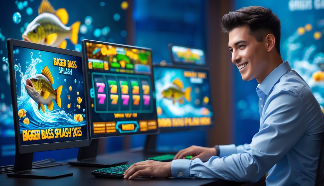 Seorang dewasa muda tersenyum menggunakan komputer dengan layar menampilkan permainan slot bertema ikan bass dan air.