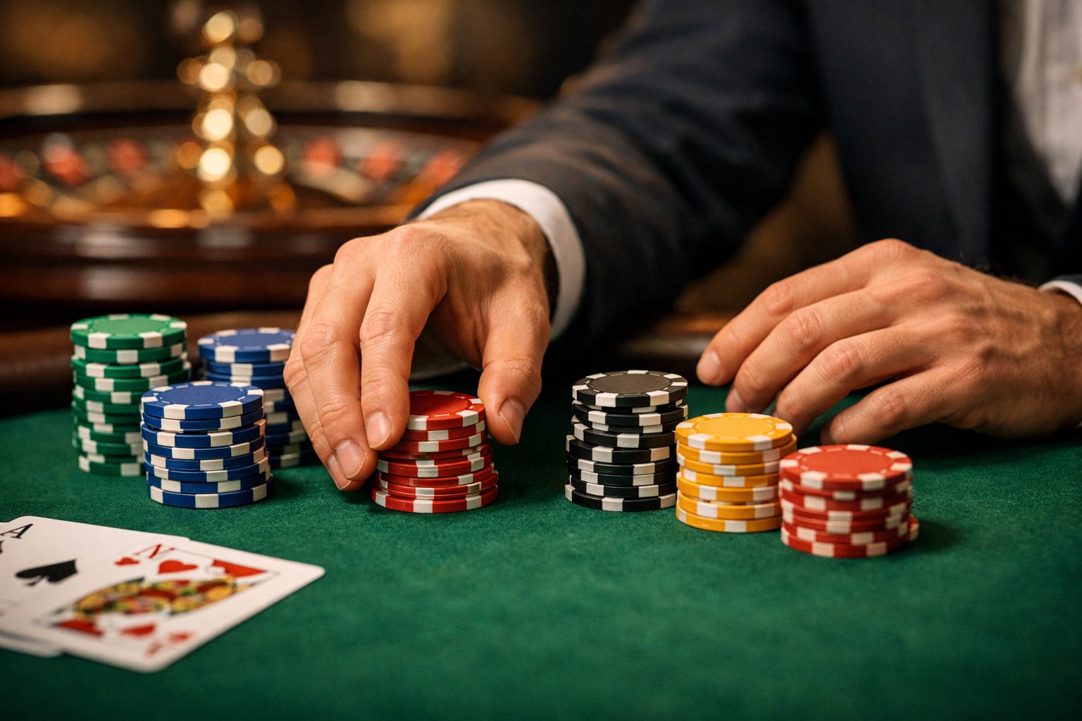 Close-up of hands placing poker chips on a casino table with playing cards and a roulette wheel in the background.