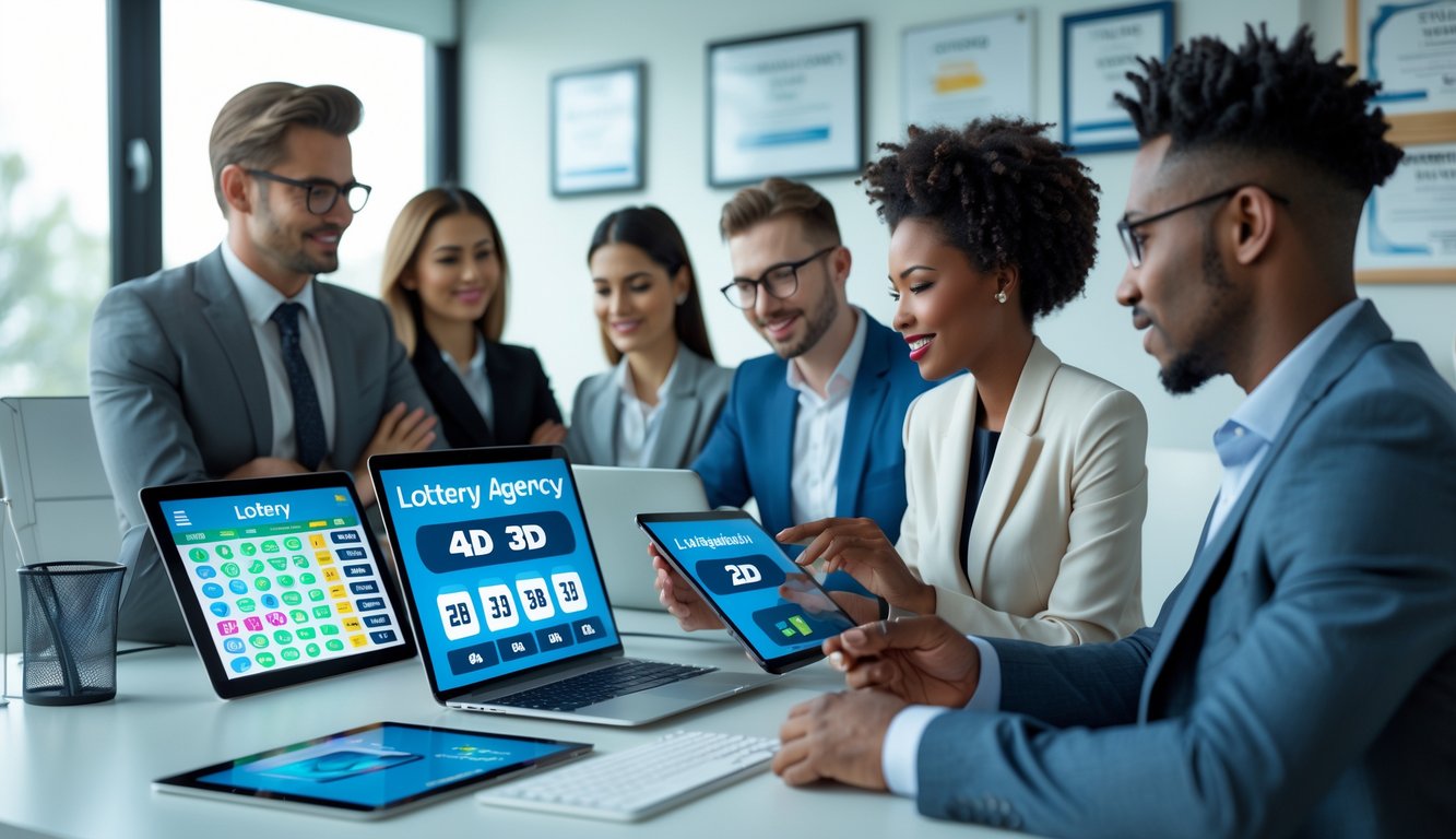 Sekelompok orang profesional sedang berdiskusi di kantor modern dengan perangkat digital yang menampilkan angka dan grafik terkait permainan togel.