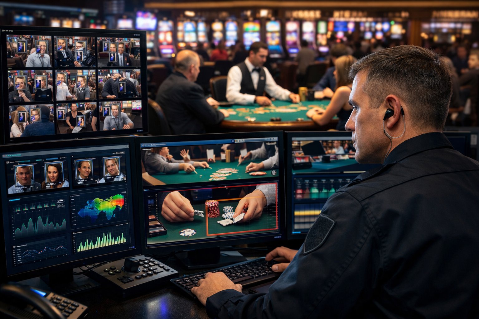 A casino security officer monitors multiple screens showing slot machines and table games, overseeing the casino floor to detect cheating.