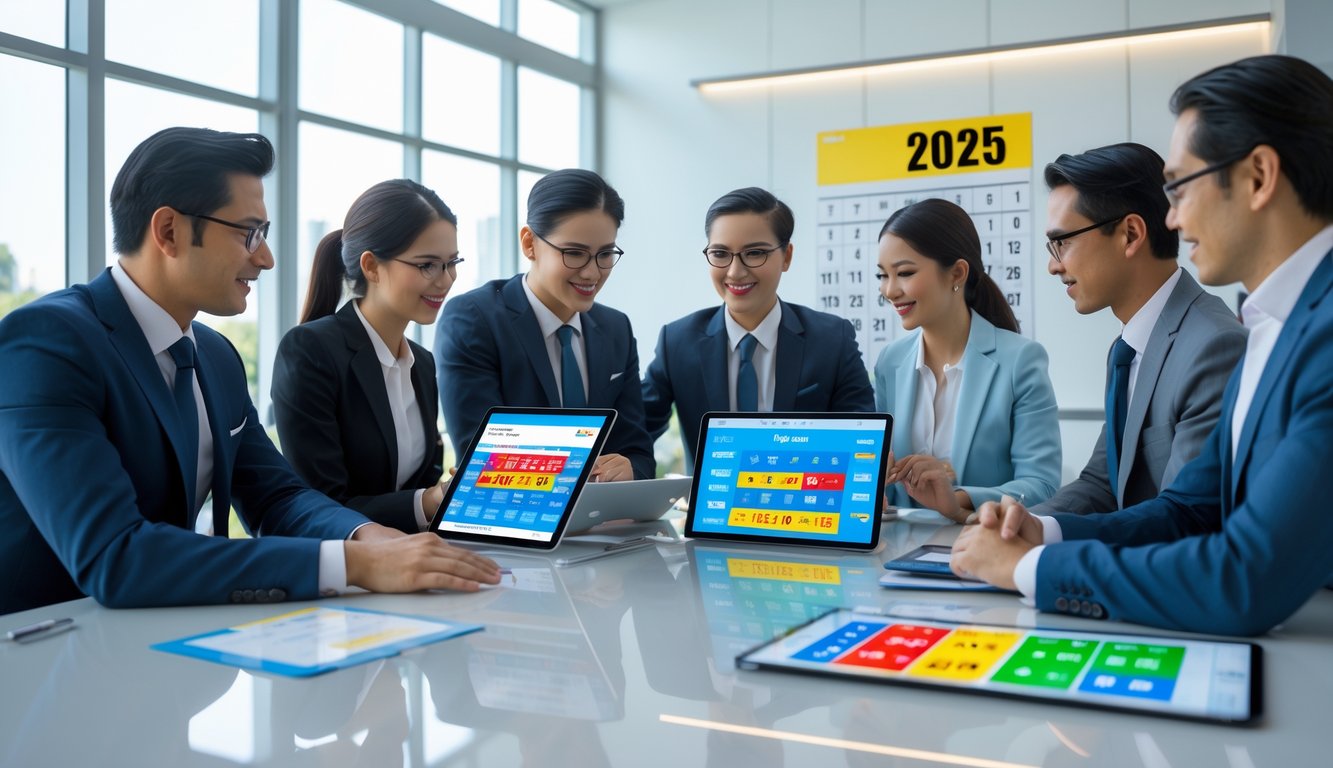 Sekelompok profesional bekerja bersama di ruang kantor modern dengan perangkat digital dan dokumen terkait lotere.