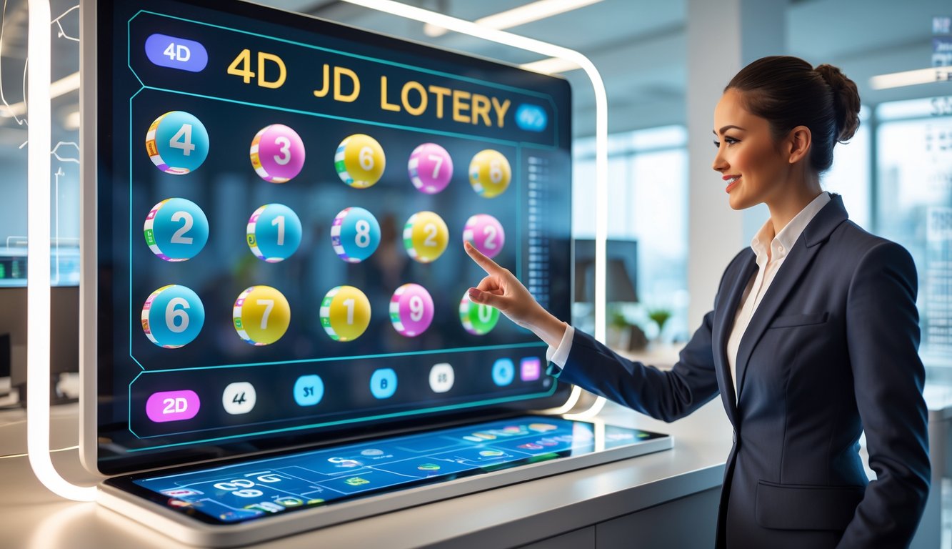 Seorang profesional menggunakan layar sentuh transparan dengan angka lotre 4D, 3D, dan 2D di ruang kerja modern.