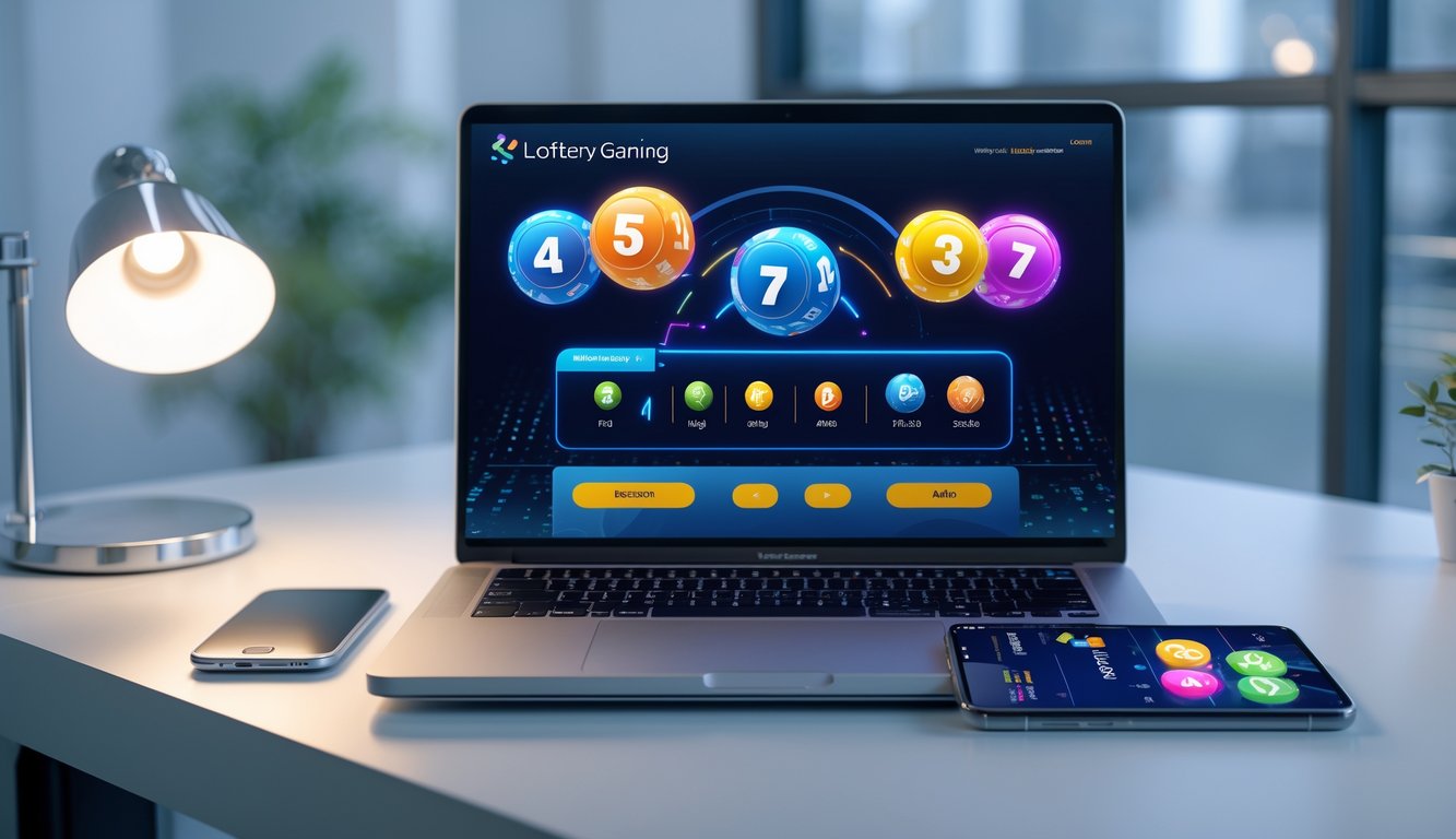 Sebuah laptop dan ponsel pintar di atas meja yang menampilkan antarmuka platform lotere online yang aman dan resmi dengan grafik angka lotere.