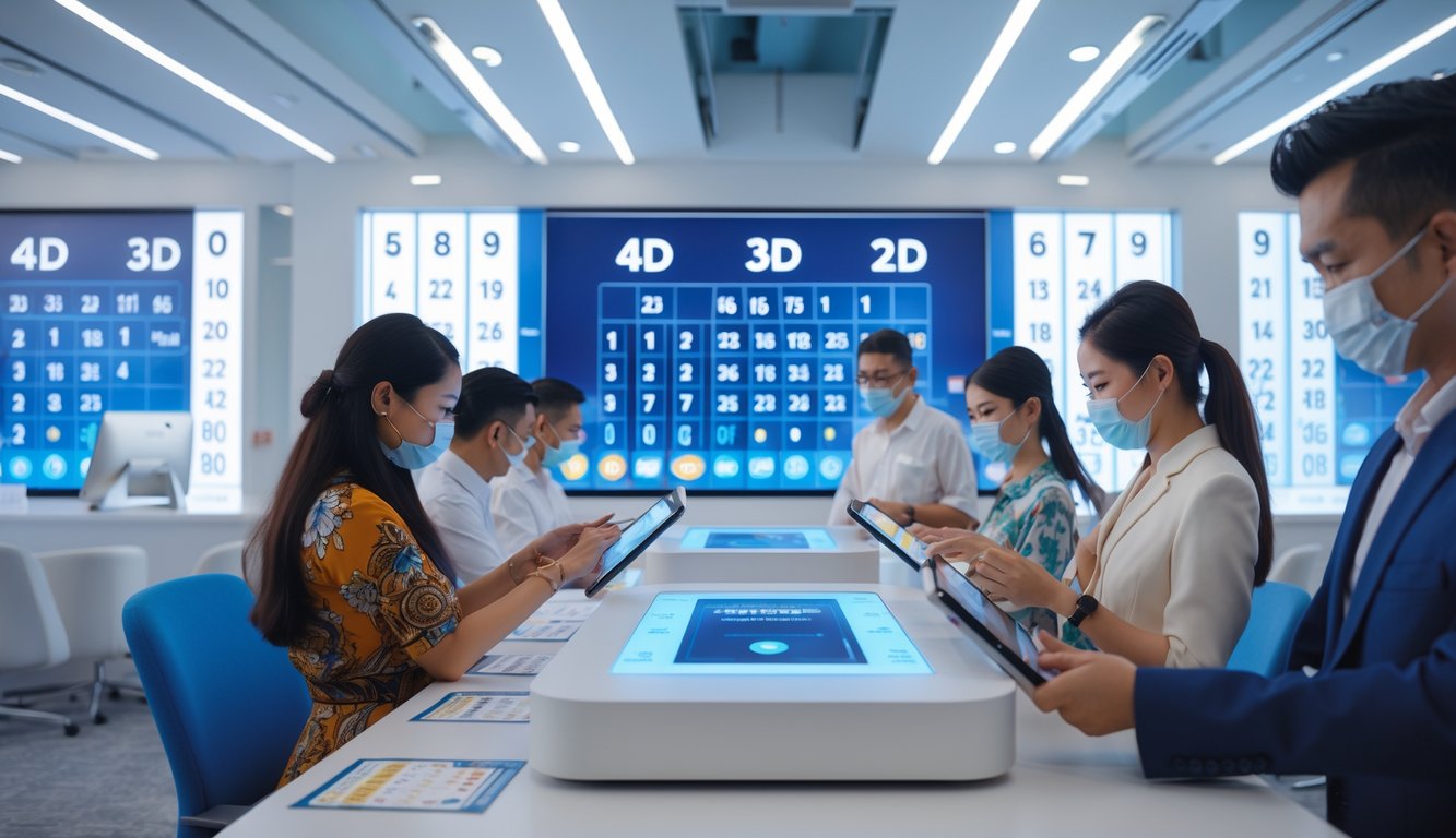 Suasana kantor agen togel di Indonesia dengan orang-orang menggunakan perangkat digital dan tampilan angka lotere.