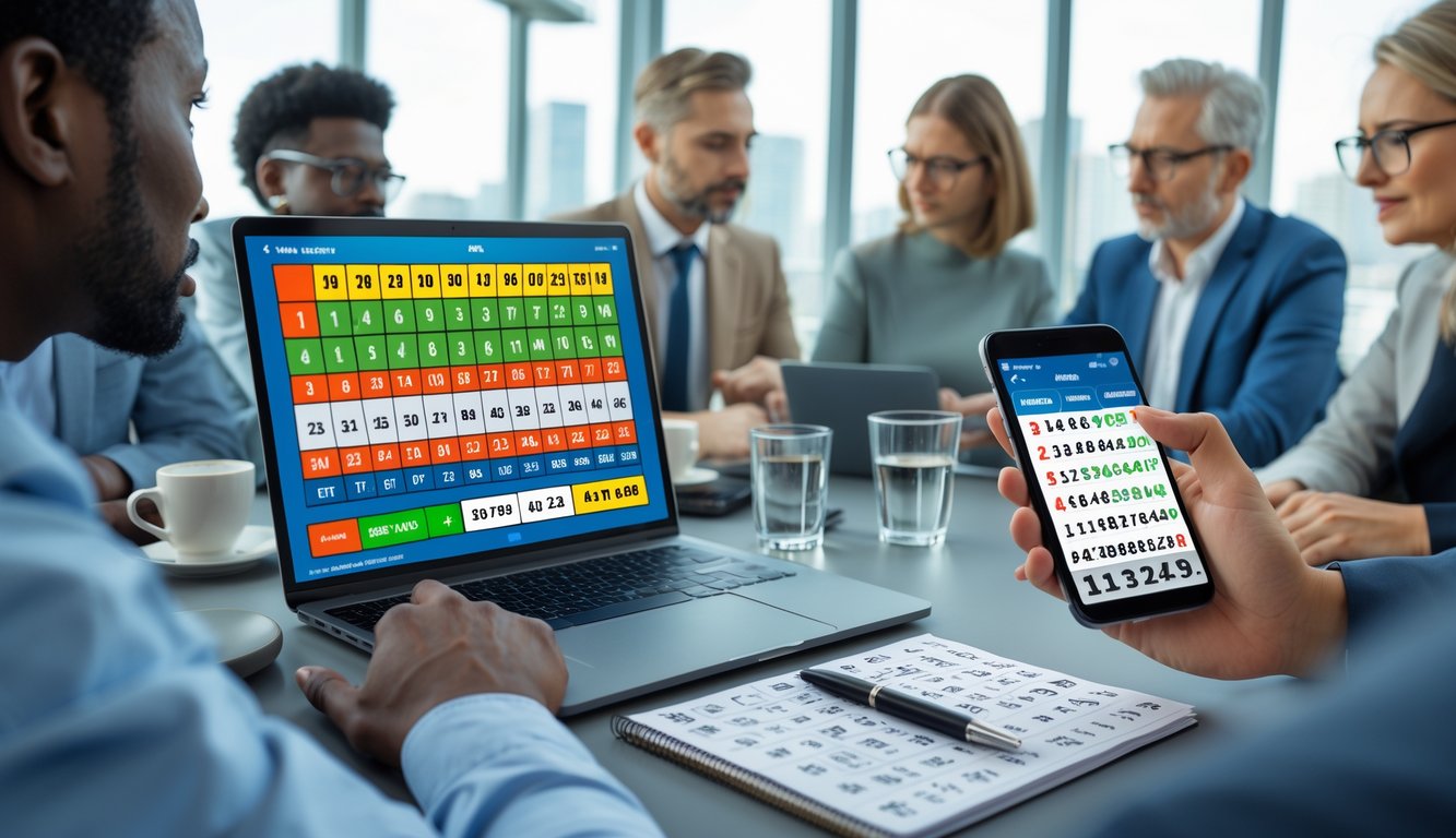 Beberapa orang sedang duduk di meja kerja sambil melihat perangkat digital dan catatan yang berisi angka-angka lotere.