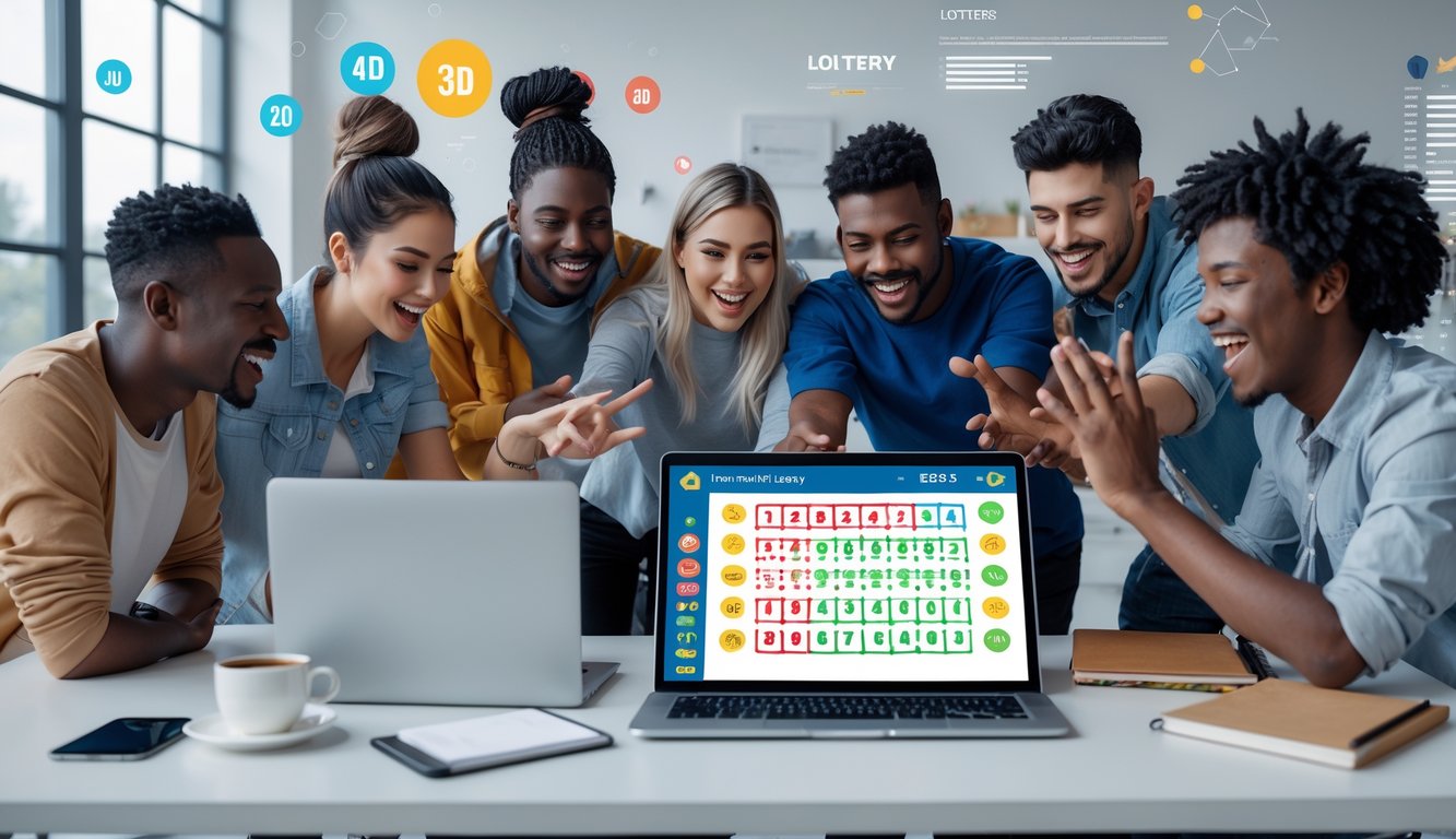 Sekelompok orang muda menggunakan laptop dan tablet di ruang kerja modern, bermain dan memeriksa hasil permainan lotere online dengan antusias.