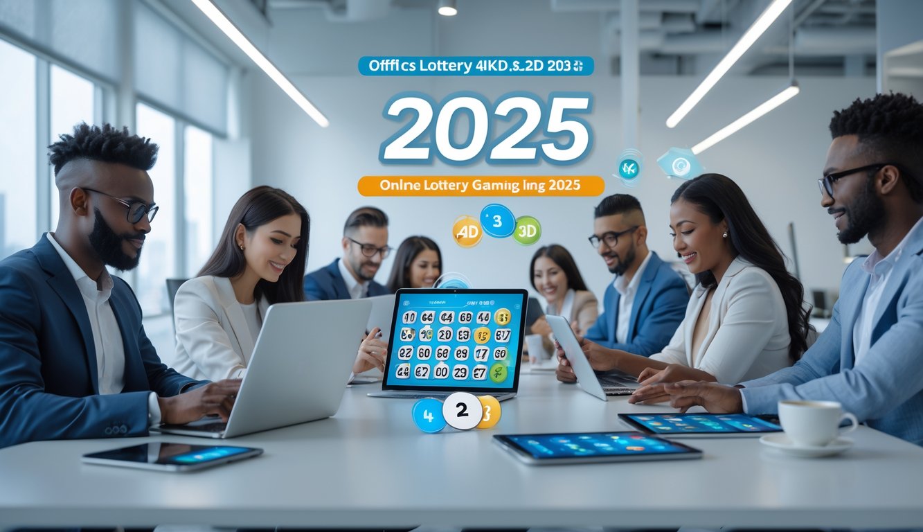 Orang-orang menggunakan perangkat digital di kantor modern untuk bermain togel dengan mudah pada tahun 2025.