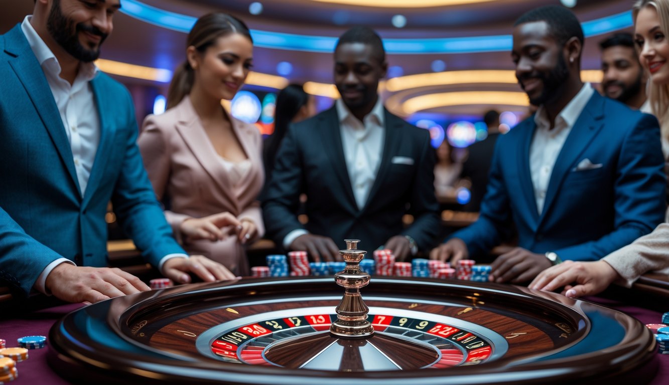 Meja roulette Amerika dengan pemain yang sedang memasang taruhan di kasino modern.