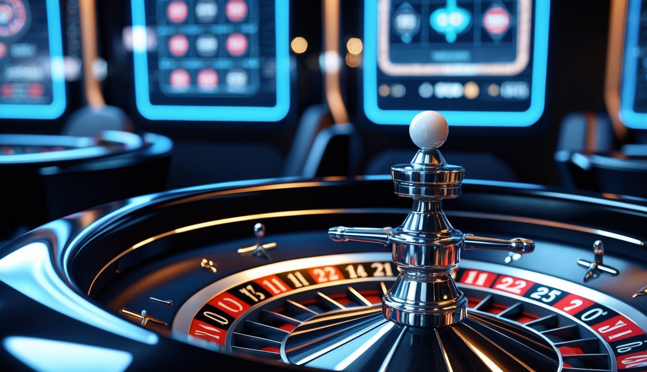 Sebuah roda roulette Amerika modern dengan bola putih yang sedang berputar di lingkungan kasino online futuristik.