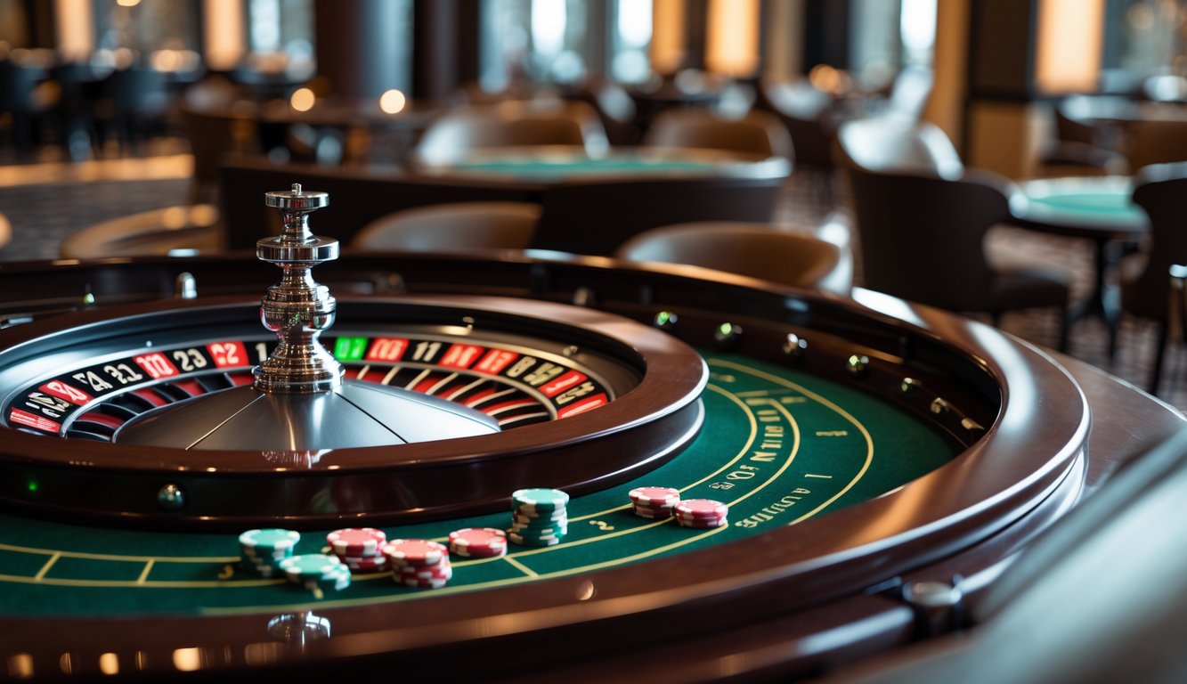 Meja roulette Amerika modern di kasino dengan roda roulette dan chip taruhan yang tertata rapi.