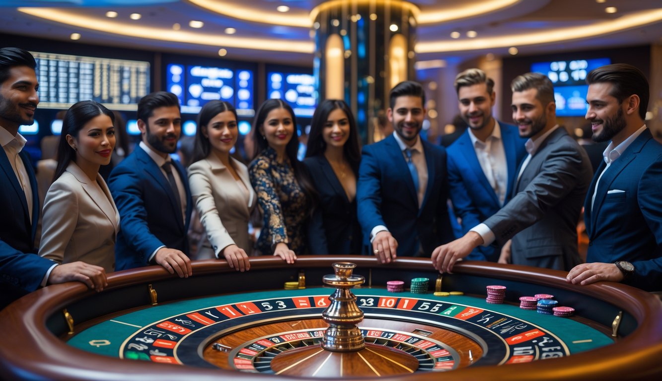 Orang-orang berkumpul di sekitar meja roulette Amerika di kasino, memperhatikan roda roulette yang sedang diputar.