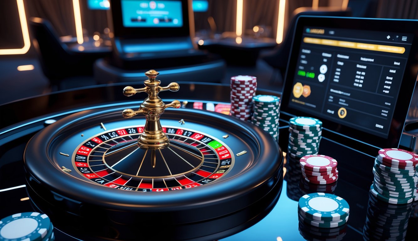 Pemandangan meja roulette Amerika online dengan roda roulette digital dan chip taruhan di lingkungan kasino modern.