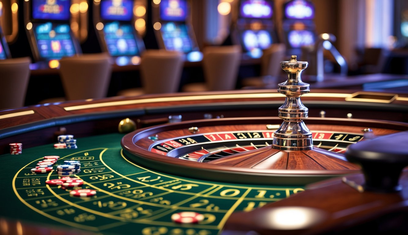 Meja roulette Amerika modern dengan roda roulette dan chip taruhan di kasino mewah.