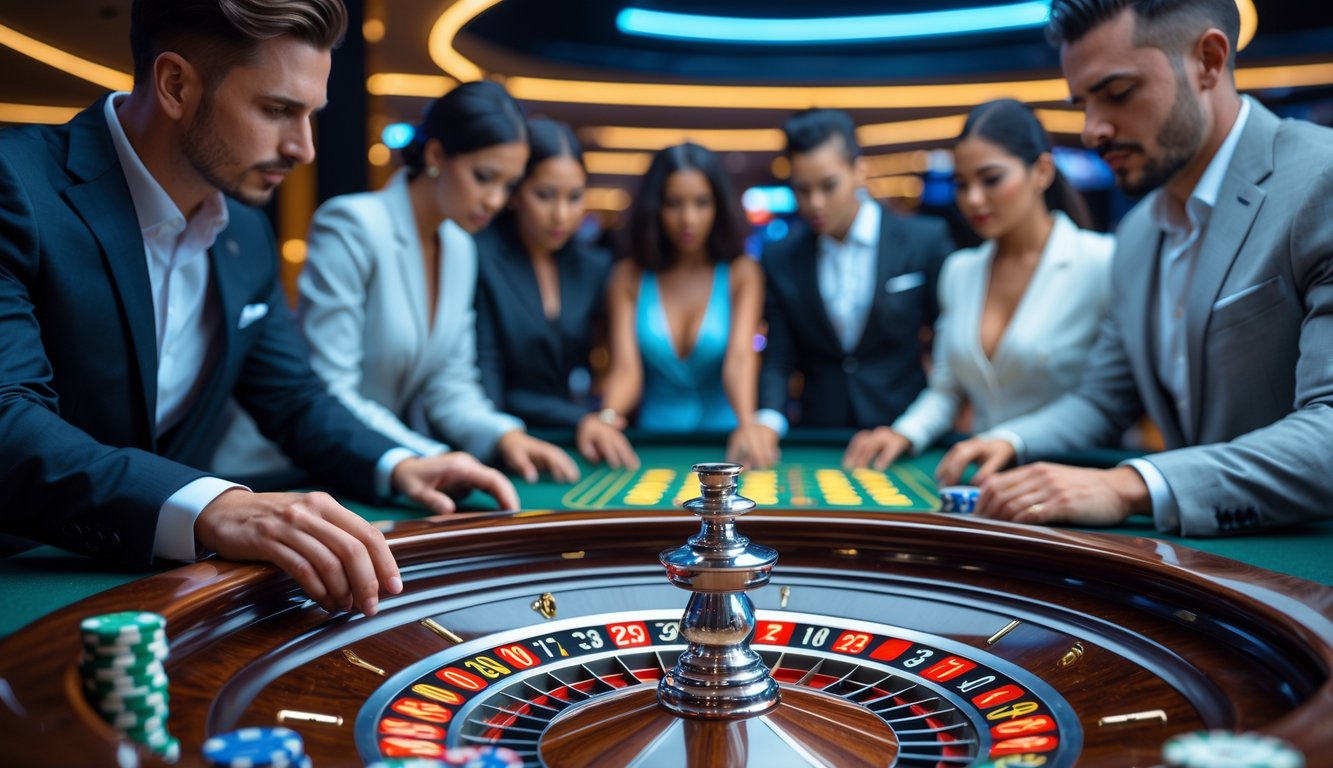 Meja roulette Amerika dengan pemain yang sedang memasang taruhan di kasino modern.