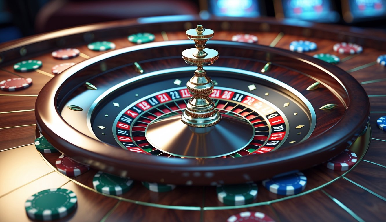 Meja roulette Amerika modern di kasino dengan roda roulette dan chip taruhan yang tertata rapi.