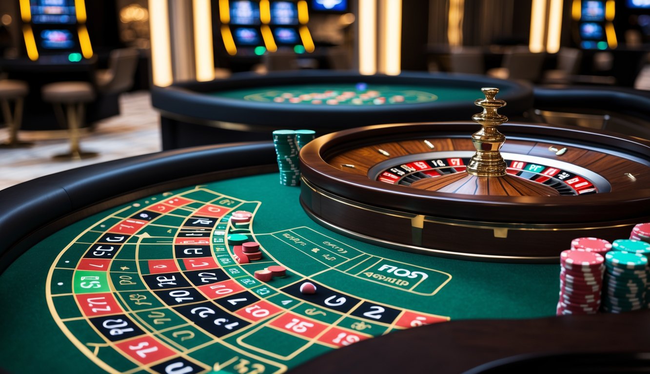 Meja roulette Amerika modern dengan roda berputar dan tumpukan chip di kasino mewah.