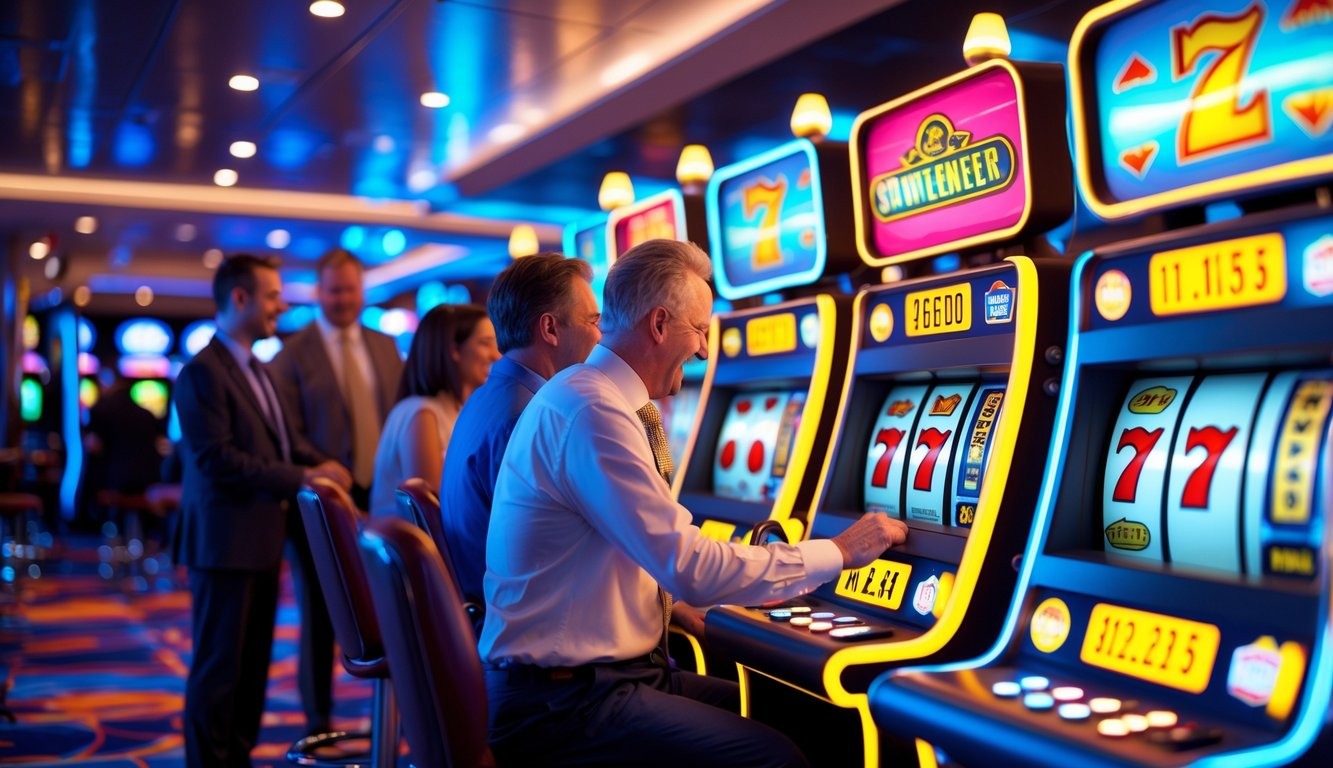 Orang-orang bermain mesin slot bergaya retro di dalam kasino modern yang terang dan ramai.