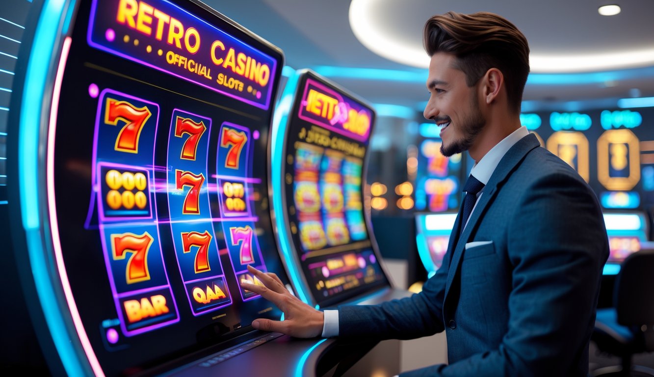 Seorang pria muda sedang menggunakan komputer dengan tampilan mesin slot retro berwarna-warni di layar di sebuah kantor modern.