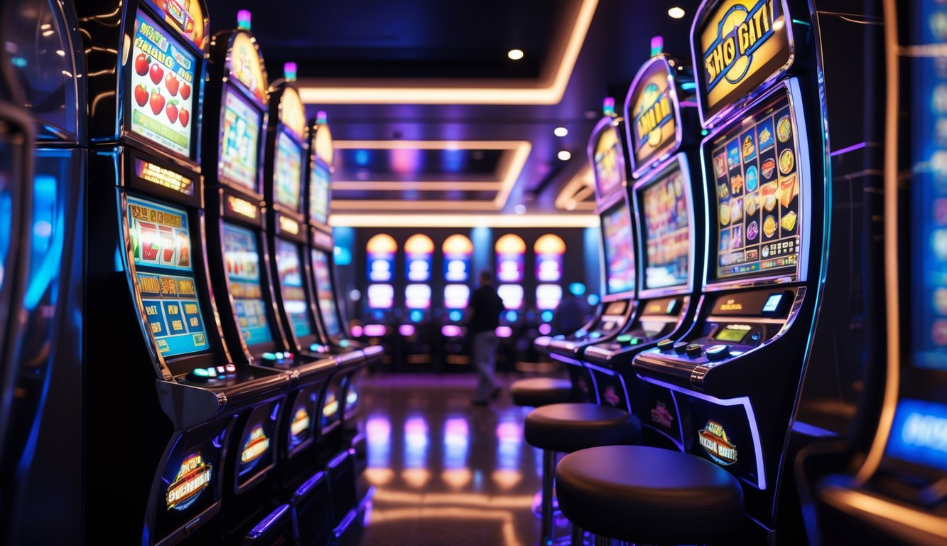 Interior kasino dengan deretan mesin slot bergaya retro yang berwarna-warni dan suasana yang hidup.