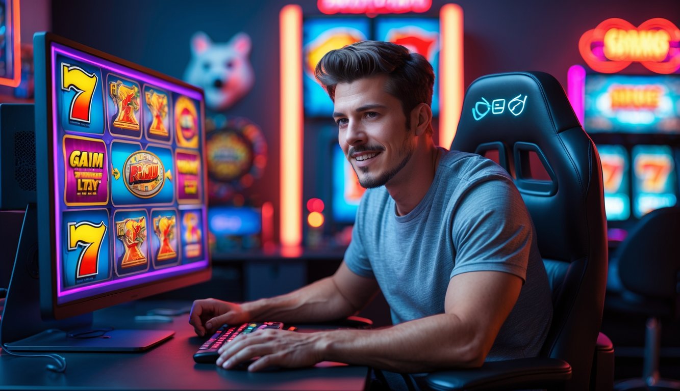 Seorang pria muda duduk di depan komputer dengan layar mesin slot retro berwarna-warni, terlihat fokus dan senang di sebuah ruangan modern dengan pencahayaan neon.