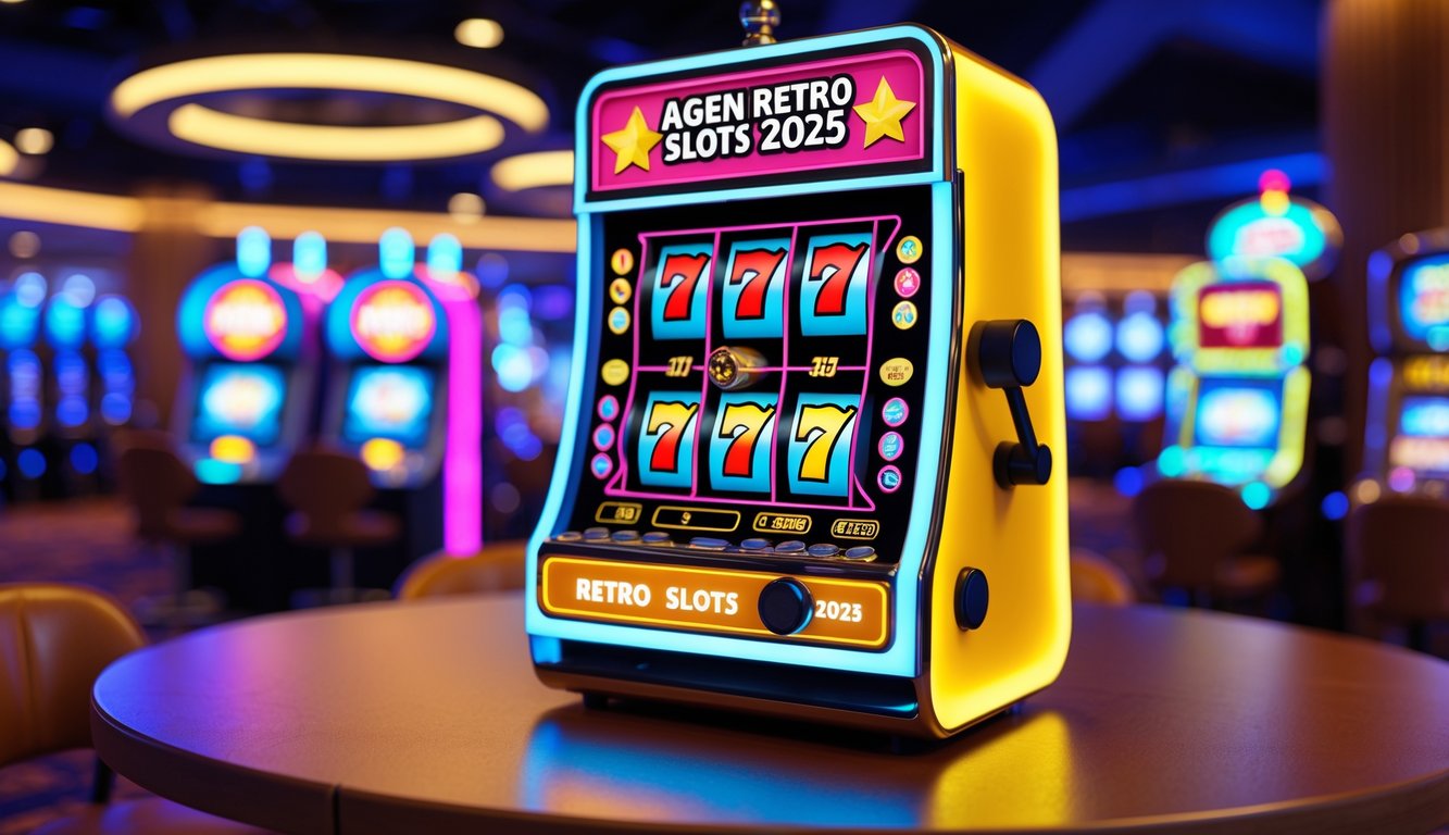 Mesin slot kecil bergaya retro dengan simbol warna-warni di atas meja kayu di dalam kasino.