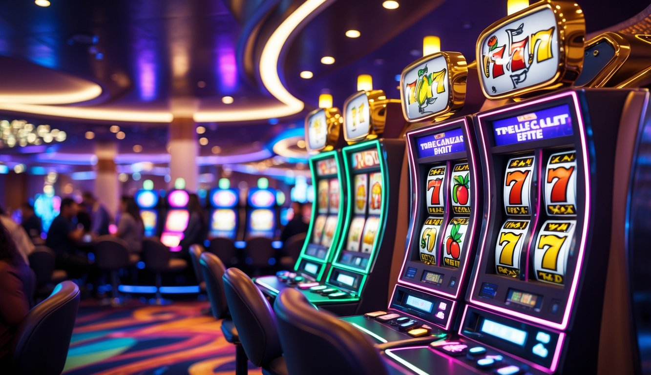 Area mesin slot retro di kasino modern dengan lampu berwarna-warni dan suasana ramai.