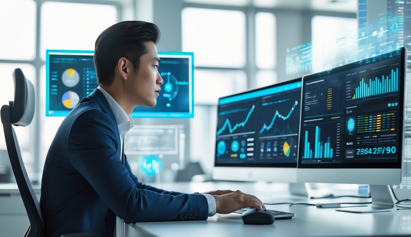 Seorang pria Asia duduk di meja kantor dengan beberapa layar komputer yang menampilkan grafik dan data prediksi angka togel tahun 2025.