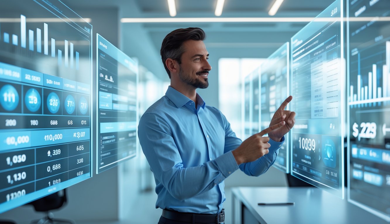 Seorang profesional sedang menganalisis data prediksi togel harian di layar digital di kantor modern.