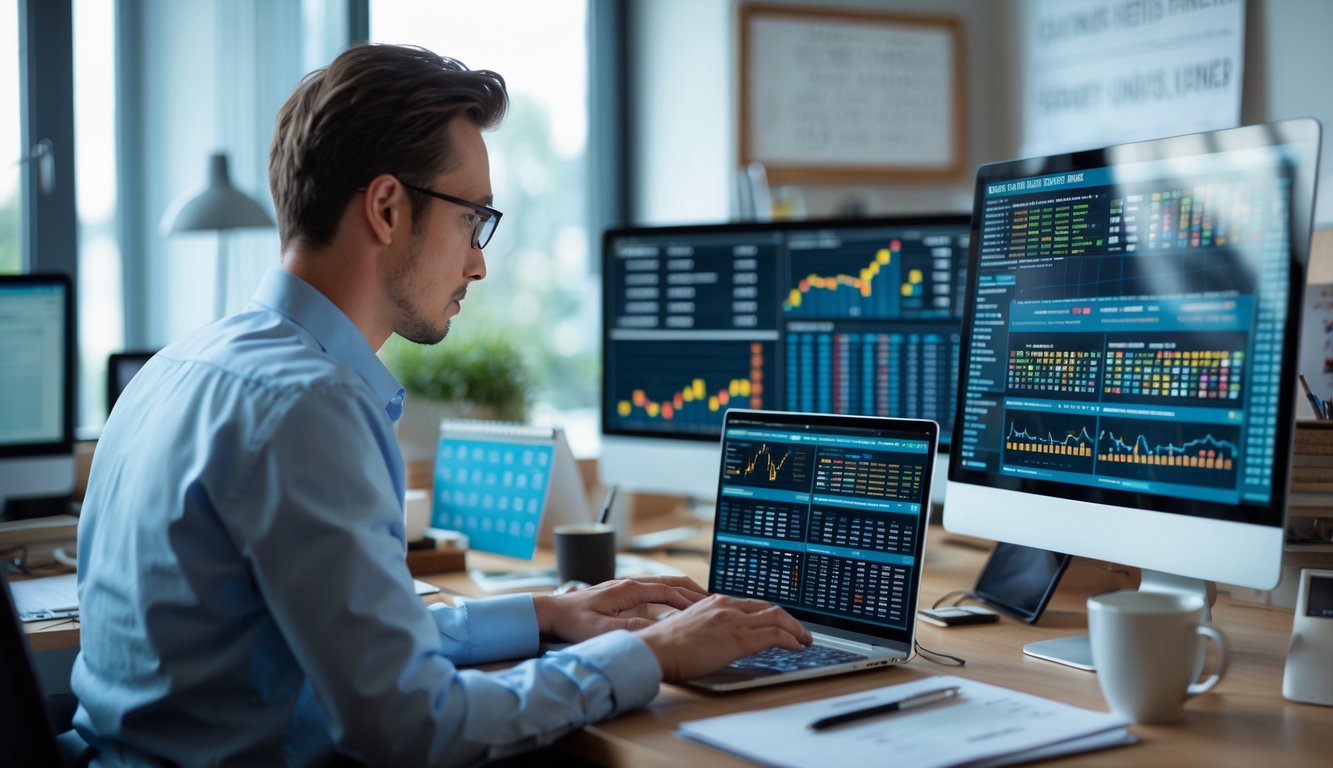 Seorang agen prediksi togel online sedang bekerja di kantor dengan beberapa layar komputer yang menampilkan data dan grafik.