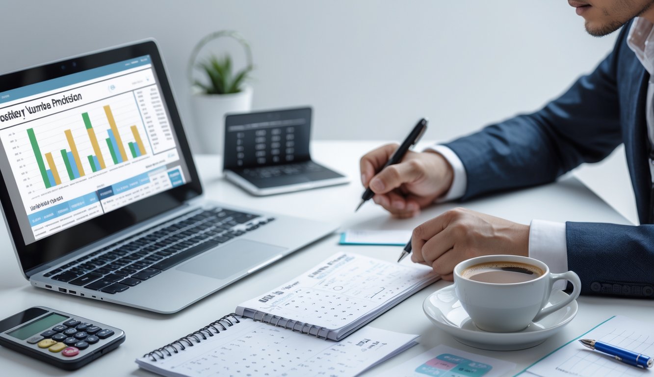 Seorang pria sedang menganalisis data angka togel di meja kerja dengan laptop, catatan, dan alat tulis.